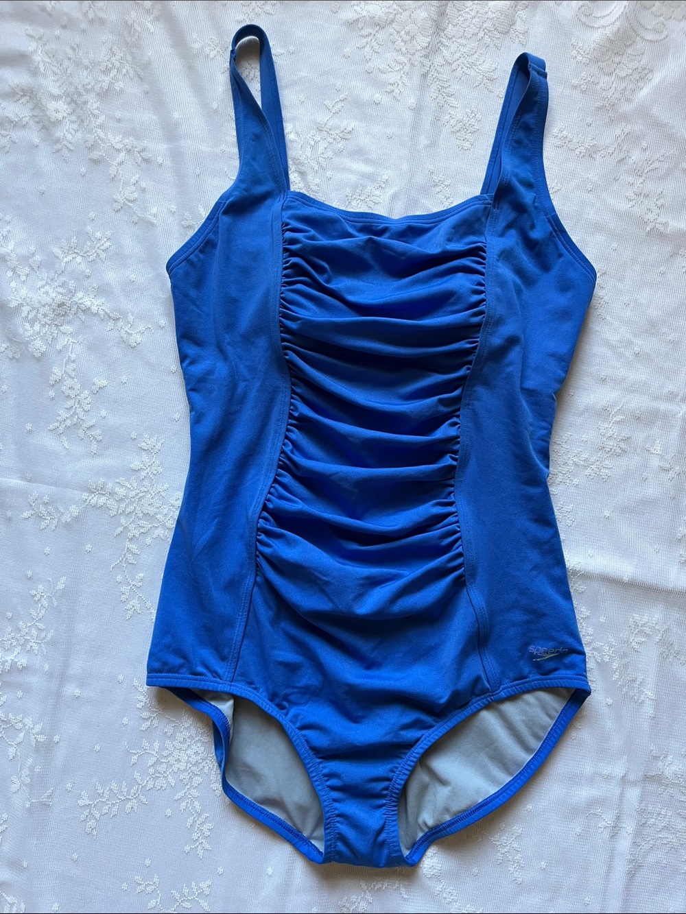 One-Piece Swimsuit Blue Rouched Front Panel Classic Styling Sz 12